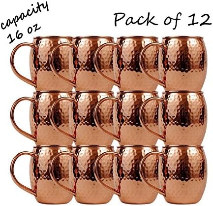 Moscow Mule Copper Mugs: Set of 12, Cup - 100% Copper Accessories - Handmade Barrel Style Drinking Mug with Hammered Effect - The Perfect Kitchen Present for Men &amp; Women