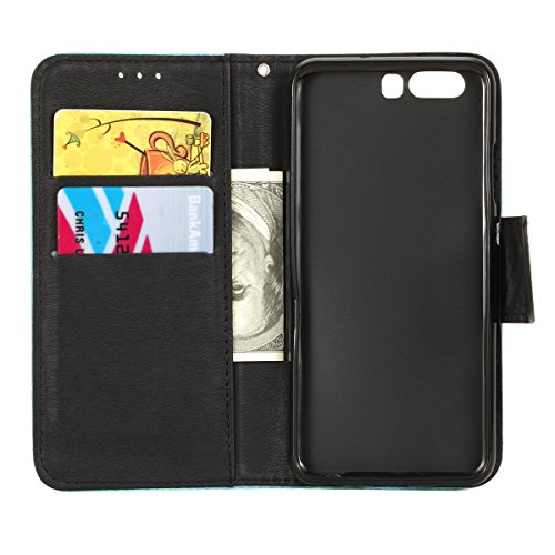 Huawei P10 Lederhülle,Huawei P10 Brieftasche,JAWSEU Vintage Retro Blau Schwarz Magnetverschluss Bookstyle Lanyard/Strap Kunstleder PU Leder Brieftasche Hülle Wallet Case Flip Cover Hüllen Etui Silikon Back Rückseite Cover mit [Ständerfunktion] und [Kartenfächer]für Huawei P10+1xSchwarz Glitzer Bling Eingabestift-Blau Schwarz - 2