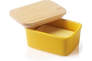 Sweejar Home Porcelain Butter Dish with Lid, Airtight Large Butter Keeper with Wooden Lid, Butter Container Perfect for 2 Sticks of Butter West or East Coast Butter (Yellow)