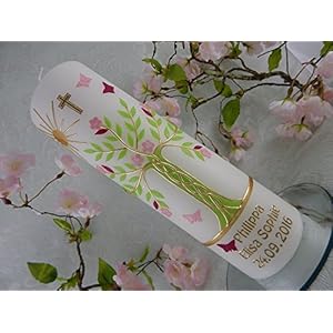 Taufkerze Verzierung Lebensbaum grün pink gold Taufkerzen für Mädchen 250/70 mm personalisiert