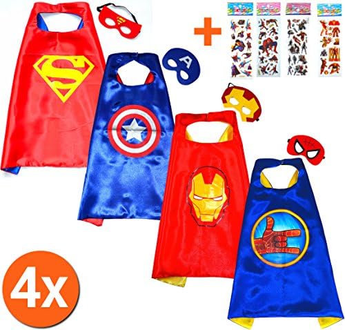 Superman Red + Iron Man + Captain America + Spiderman (Set of 4) Superhero Capes and Masks + 4x Stickers! For Kids Boys Party Costume Children Fancy Dress up Capes for 3 to 11 years - Double-sided - King Mungo - KMSC042