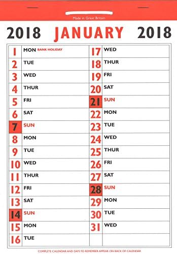 2018 A4 Large Print 2 Column Month To View Wall Planner Calendar