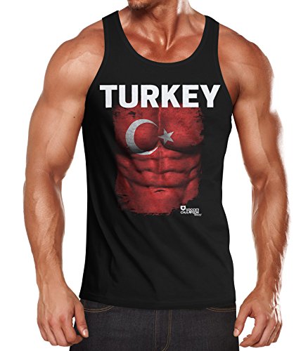 EM Tanktop Herren Fußball Türkei Turkey Flagge Fanshirt Waschbrettbauch Muskelshirt MoonWorks® schwarz M