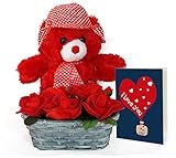 TIED RIBBONS karwa chauth Gifts Teddy with Artificial Rose Basket and Greeting Card | karwachauth Special Gifts for Wife | karwachauth Special Gifts for Wife | Gifts for Women on karwachauth