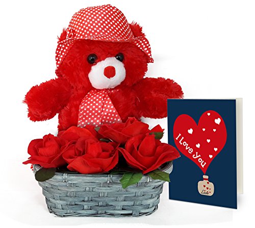 TIED RIBBONS karwa chauth Gifts Teddy with Artificial Rose Basket and Greeting Card | karwachauth Special Gifts for Wife | karwachauth Special Gifts for Wife | Gifts for Women on karwachauth