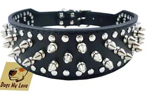 19-22 Black Faux Leather Spiked Studded Dog Collar 2 Wide