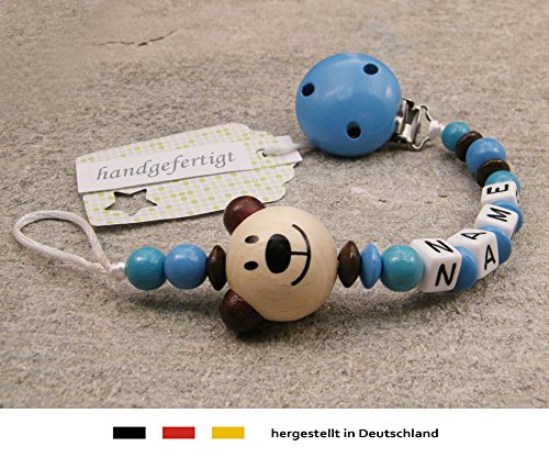 Baby SCHNULLERKETTE mit NAMEN | Schnullerhalter mit Wunschnamen – Jungen Motiv Bär in natur, blau - 3