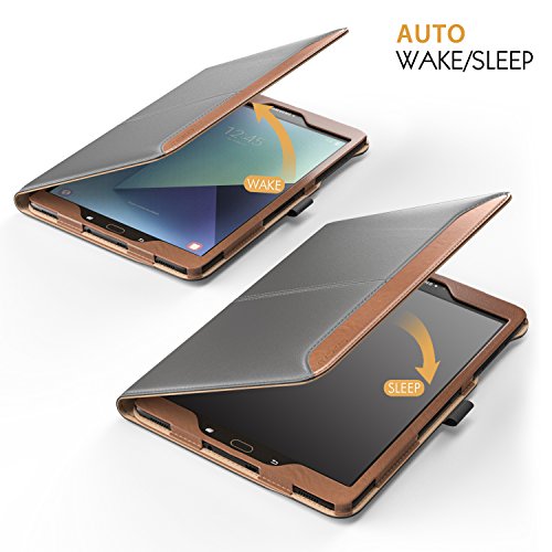 MoKo Samsung Galaxy Tab S3 9.7 Hülle – Schlank Folding Kunstleder Schutzhülle Leder Hülle Tasche Ledertasche Etui Smart Case Cover mit Standfunktion Dokumentschlitze Auto Sleep/Wake up Funktion für Samsung Galaxy Tab S3 9.7 Zoll 2017 (SM-T820 / T825, Keine Stiftversion), Grau & Braun - 6