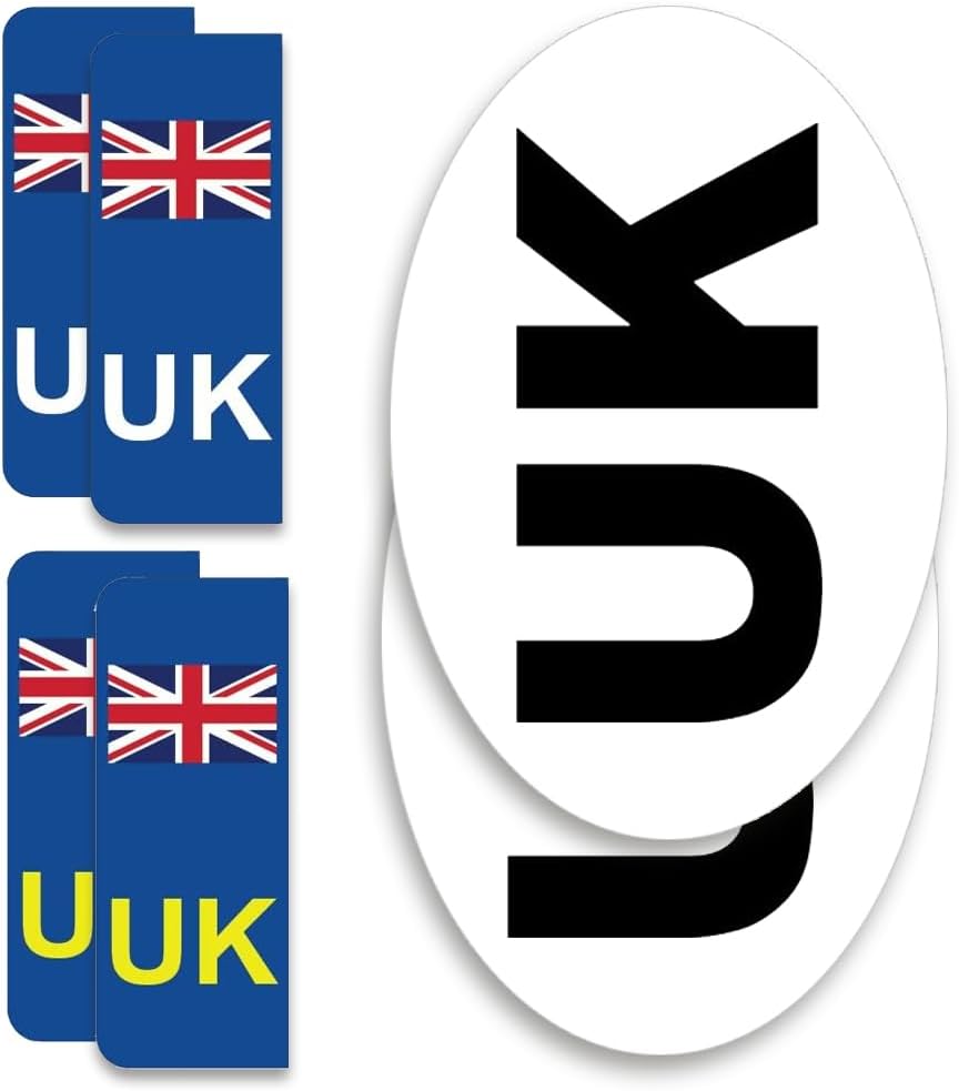 Papa Prints UK Car & Motorcycle Stickers: Self Adhesive Ovals (2) & Number Plates (4) for Europe - Pack of 6