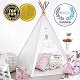 Hippococo Tente Tipi pour Enfants: Grande Maison de Jeu Pliable à 5 poteaux Solides intérieure extérieure, Toile Blanche, Tapis de Sol, Accessoire cœur Rose, eBook de Bricolage Amusant Inclus (Rose)