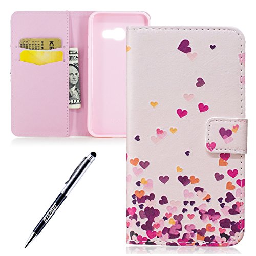 Galaxy A5 2017 Hülle,Samsung Galaxy A5 2017 Handycover,JAWSEU Schön Pink Liebe Herz Muster Pu Leder Wallet Brieftasche Cover Magnetverschluss Book Style Handyhülle Schutzhülle Ledertasche Case Cover Etui mit[Ständerfunktion] und [Kartenfächer] für Samsung Galaxy A5 2017+1xSchwarz Glitzer Bling Eingabestift-Pink Liebe Herz