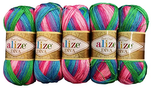 5 x 100 Gramm Alize Batik Wolle pink rosa lila blau u.a. mit Farbverlauf, Nr. 4537, 500 Gramm merzerisierte Strickwolle
