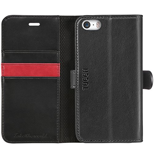 iPhone 5S Case, iPhone 5S Wallet Case, TUCCH [Lifetime Warranty] Magnetized Closure Card Slots Money Pouch, Retro Leather Wallet Case Purse Protective Cover Stand Feature Flip Book Case for iPhone 5s / 5 / SE - Black / Red
