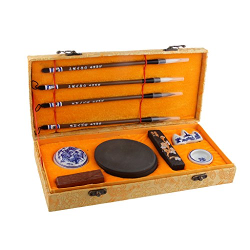 Gazechimp Kalligraphie Set (Pinsel, Tinte Stein, Holz Stempel, Tinte Platte, Tintenstift, Pinsel Rest, Wasser gut, kleine Löffel) für Kalligraphie Anfänge und Fans