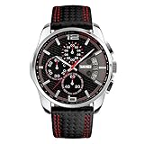 SKMEI Herren-Quarzuhr mit schwarzem Zifferblatt, analogem Display und rotem Streifen-Lederband, Armbanduhren