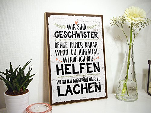 Holzschild mit Spruch – WIR SIND GESCHWISTER – shabby chic retro vintage nostalgie deko Typografie-Grafik-Bild bunt im used-look aus MDF-Holz, Schild, Wandschild, Türschild, Holztafel, Holzbild mit Zitat / Aphorismus als Geschenk und Dekoration zum Thema Bruder, Schwester, Liebe, Familie und Zusammenhalt von TypeStoff (19,5 x 28,2 cm) - 2