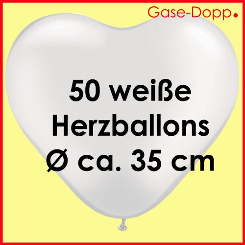50 Stk Herzballon weiß Ø 35 cm - großer Ballon- speziell Ballongas / Helium geeignet - optimal für Flugkarten geeignet Gase Dopp