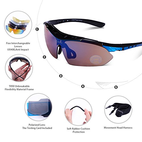 Carfia Multi TR90 UV 400 Outdoor Sport Brille Polarisiert Sonnenbrille Radbrille mit 5 wechselbare Linsen für Skilaufen Golf Radfahren Laufen Angeln Baseball - 5