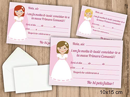 Invitacions de Primera Comunió nena. En català. Pack 6 unitats. Amb 6 sobres inclosos.