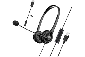 HIMANK USB Headset for PC Laptop Phone, 3.5mm/USB/Type-C Jack 3-In-1 Wired Headphones with Noise Cancelling Mic & Audio Controls, Adjustable Headband Headset for Call Centers, Home Office, Online Chat