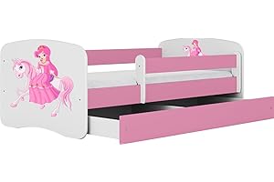 WFL GROUP Letto per Bambini Singolo Rosa 70x140 80x160 80x180 con sponda anticaduta con barriera con Materasso cassettone Estraibile e Telaio a doghe per Bambini e Bambine - 160x80 - Principessa a cavallo