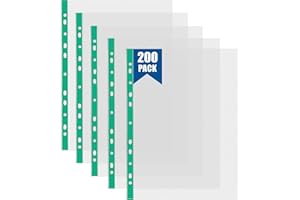 FWEEK 200 Pcs Punched Pockets A4 Clear 60 Micron Strong Plastic Wallet Sleeves, Top Opening Poly Pockets for Ring Binder Folders, Green Edge