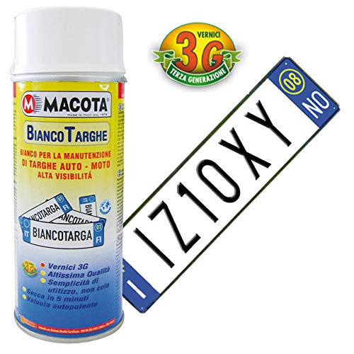 TRS® MACOTA VERNICE BIANCO TARGHE SMALTO SPRAY MANUTENZIONE RINNOVA RIGENERA RAVVIVA TARGA AUTO MOTO CAMPER FURGONE CARAVAN ALTA VISIBILITA' ASCIUGATURA RAPIDA VALVOLA AUTOPULENTE PROFESSIONALE 400 ML