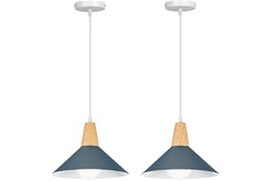 LIGKIN 2 Piezas Lámpara Colgante Industrial Moderna Ø25cm Pantalla Metal Madera Lámpara de Techo Retro E27 Iluminación para Cocina Comedor Cafetería, Azul Oscuro