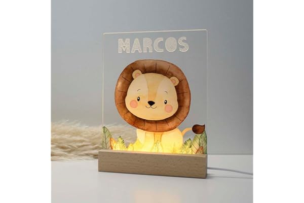 DEHOME Luz Nocturna Infantil Personalizada Safari - Lámpara de noche con Nombre para Bebé - Luz Quitamiedos Infantil - Regalo Bebé personalizado