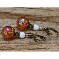 Vintage Ohrringe mit Glasperlen - orange, weiß & bronze