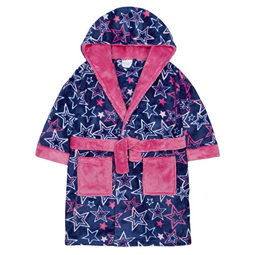 Girls Hooded Bath Robe - Fleece Novelty Towel Dressing Night Gown with All Over Printed Star Patterns, Long Sleeves & Pockets
