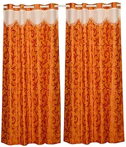 Alemah Polyresin Floral Grommet Curtain With Eyelet And Lace Valance, 5 Feet, Orange, Pack of 2