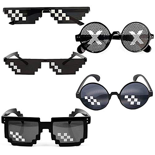 Juego de 5 Gafas de Sol Thug Life, para Hombres y Mujeres, Accesorios de Fotos de 8 bits de Pixel Mosaic Glass, Gafas de Sol Unisex, Color Negro