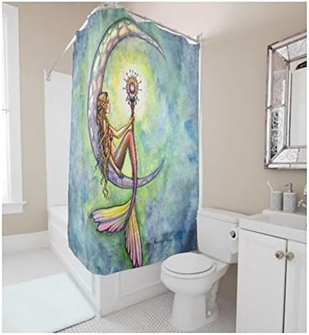 100% Polyester Shower Curtain , Mermaid Crescent Magic Wand Pattern No Transparent Textile Washable Waterproof Bathroom Washroom With Enough Rings Hooks , 200*180cm