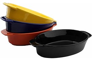 MYGRTFAM Oval Ceramic Baking Dish Set Of 4 with Handles Oven To Table Ideal for Lasagne/Pie/Casserole/Tapas (5x 12x 22cm/8.5inch) BlueBlackBrownYellow