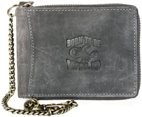 Born to be WildMen's RFID Grey Metal Zip-around Genuine Leather Wallet with Scorpion with Chain to Hang