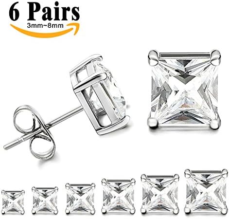 LIEBLICH Womens Princess Cut Cubic Zirconia Stainless Steel Earrings Studs,3mm-8mm 6 Pairs