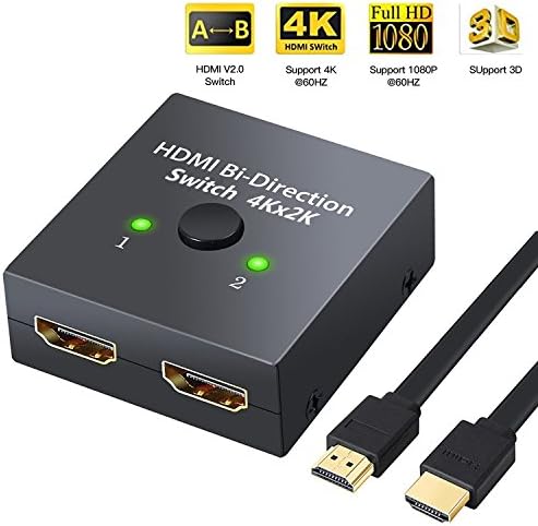HDMI Switch,Phankey HDMI Switcher Bi-directional 2 Input to 1 Output or HDMI Splitter 1 In to 2 Out, Supports 4K 3D 1080P, HDCP 2.0 HDMI Switcher for HDTV / Blu-Ray player / DVD / DVR / Xbox with 1.5M HDMI Cable