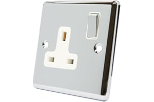 ALLIANCE ELECTRICAL AET CPC1GSOCWC Polished Chrome Classical 1 Gang White Insert Metal Rocker Switch-13 Amp Single Plug Socket, 240 V