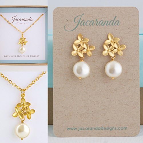 Gold Hydrangea Flower Post Earrings With Ivory Coin Pearls Gift Set