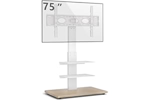 RFIVER Drewniany stojak pod telewizor podłogowy z uchwytem do 32–75 cali, płaskie, zakrzywione ekrany, z regulacją wysokości z półkami 3-poziomowymi, maks. VESA 600 x 400 mm, biały