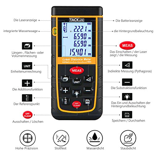 Tacklife Professional A-LDM02 60 Laser Entfernungsmesser Distanzmessgerät (Messbreich 0,05~60m/±2mm mit LCD Hintergrundbeleuchtung, Staub- und Spritzwasserschutz IP 54) Ein Ideales Geschenk für Vatertag - 2