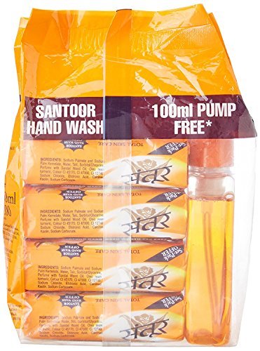 Santoor Bathing Bar, 125g (Pack of 4) with Free Santoor Hand Wash Pump, 100ml price