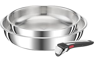 Tefal Ingenio Preference On - Juego de 2 Sartenes 24/28 cm + Mango extraíble, Apto inducción, sin antiadherente, acero inoxidable, sin PFOA, apto lavavajillas y horno, apilables
