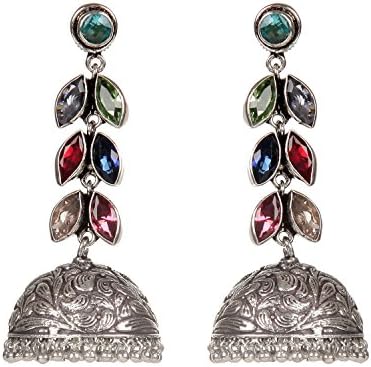 Sterling Silver Multicolor Gemstone Jhumka Set Handmade Fashion Wedding Wear Earring Jewelry