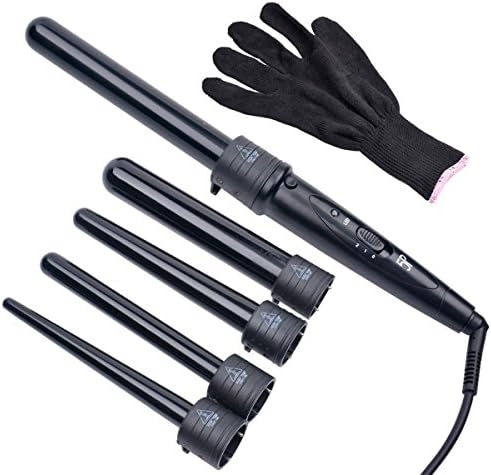 YooZoo 5 in 1 Hair Curler Set Ceramic Tourmaline Waves Curling Tongs Iron Wand Roller with 5 Interchangeable Barrels Heat Resistant Glove