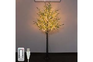 LOGT LED árbol de Luces de Olivo Artificial 180cm 300 LED Blanco cálido, USB LED árbol de Luces con Mando a Distancia, 8 Modos de luz, Luces de árbol Decorativo, Plantas Verdes Artificiales,180cm