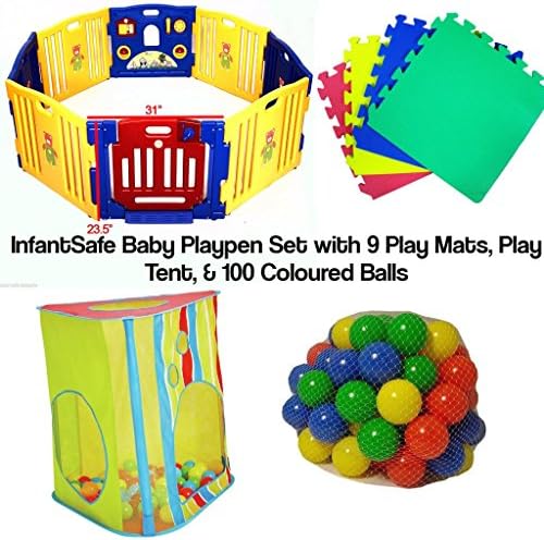 Infantsafe Plastic Baby Playpen Set w/Play Tent - 9 Soft Foam Play Mats & 100 Coloured Playballs - Perfect for Babies and Toddler