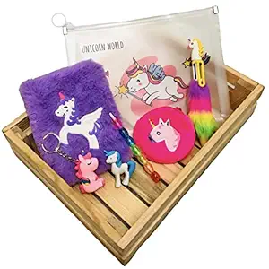 Le Delite Unicorn Mini Fur Diary a 6 Size Small ,Soft Furry Notebook Girls Kids Stylish Feather Diary Pen 6 in 1 , Pencil Box Folder Keychain Wallet Pouch Eraser Pencil School case Stationery Eraser