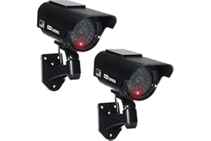 JUSTOP Twin Pack Dummy CCTV Camera Outdoor/Indoor Waterproof With Reality LED Light Solar Or Battery Powered Fake CCTV Cam With Warning Sign - Black